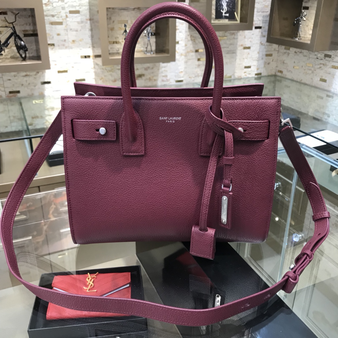 Saint Laurent Sac De Jour Baby Grained Calfskin Handbag Shoulder Bag Wine Red 421863 Silver